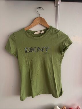 Dkny Olive Green Short Sleeve Logo Tee with Rhinestones